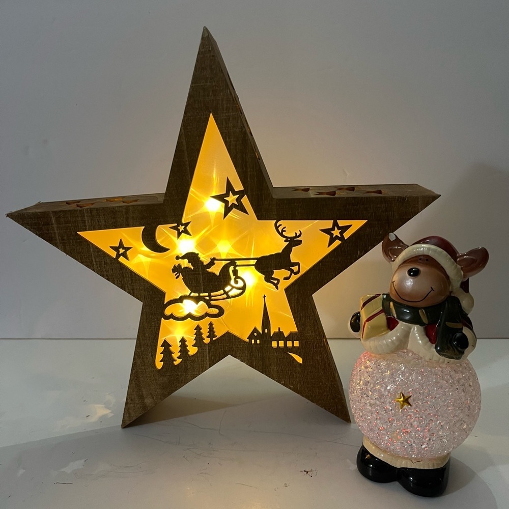 Rustic Brown Star Light with Reindeer Figurine